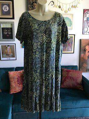Green Blue & Yellow Indonesian Floral Batik Print Rayon Ruffle Hem Dress size M